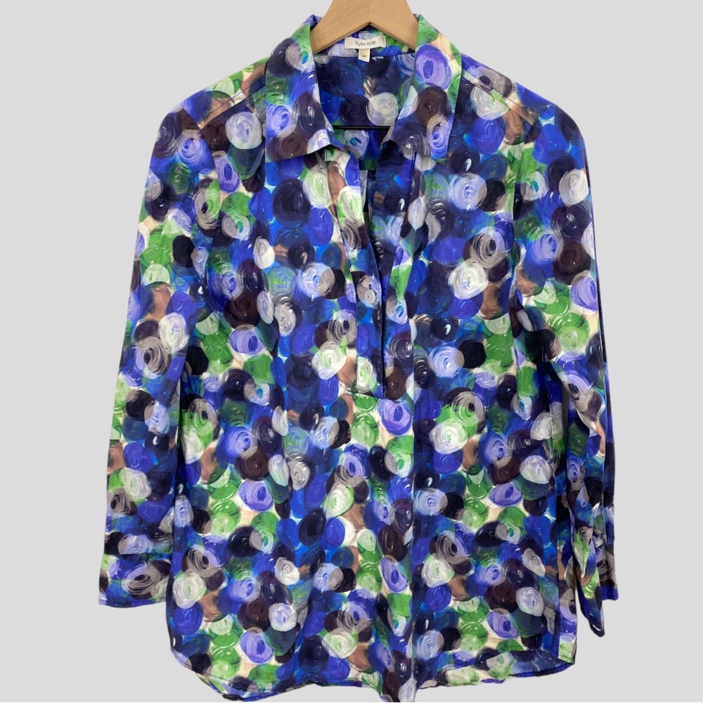Tyler Boe Blue Green Black White Abstract Artistic Circle Cotton Shirt Medium